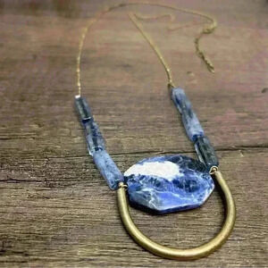 Large Sodalite Pendant with Matching Blue Glass Beads Long Bronze Tone Necklace
